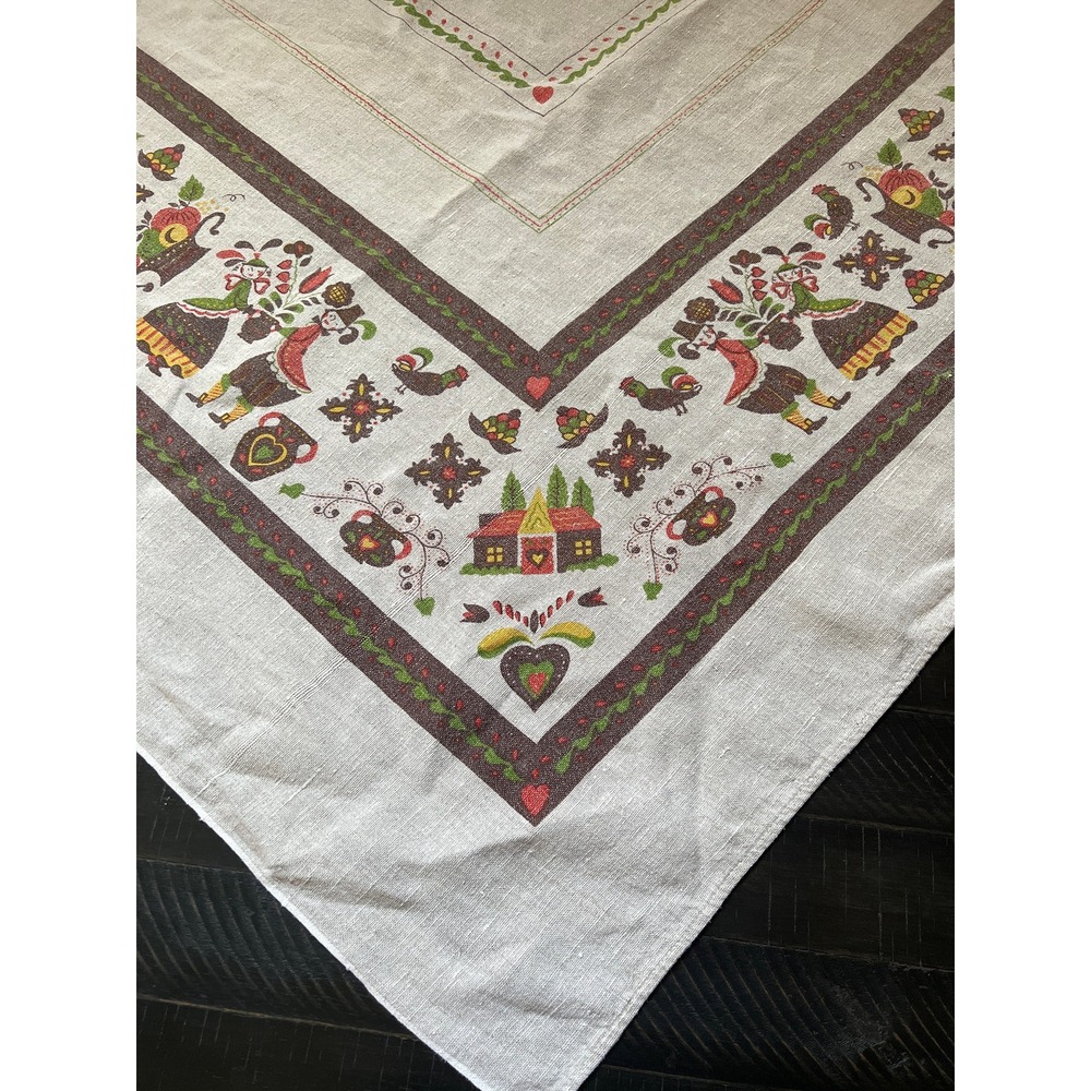 Vintage 57x81 1960s Parisian Prints Pennsylvania Dutch Folklore Linen Tablecloth